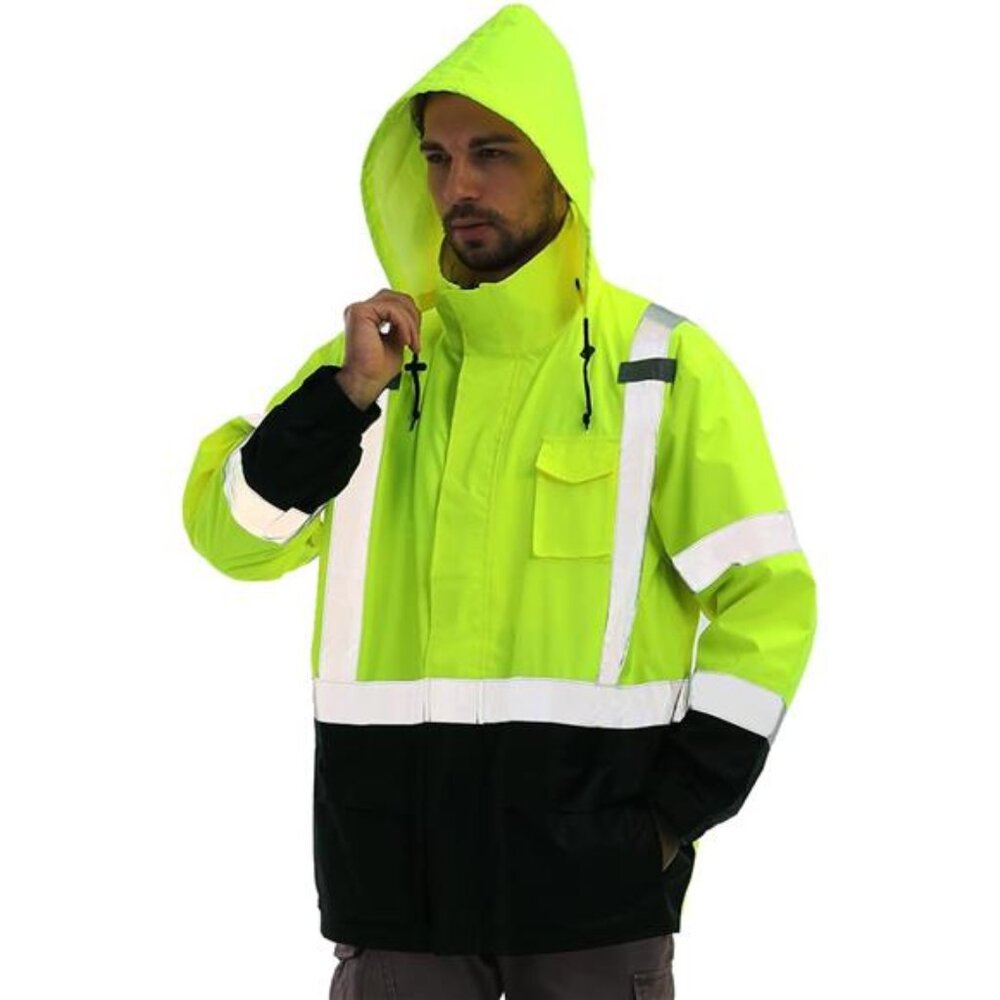 Hi Vis Rain Jacket Men Waterproof Reflective Work Raincoat Outdoor Fishing Gear